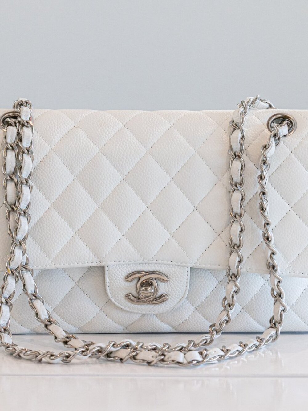 CHANEL White Caviar Medium Double Flap Shoulder Bag with Silver Hardware - Picture 2 of 12